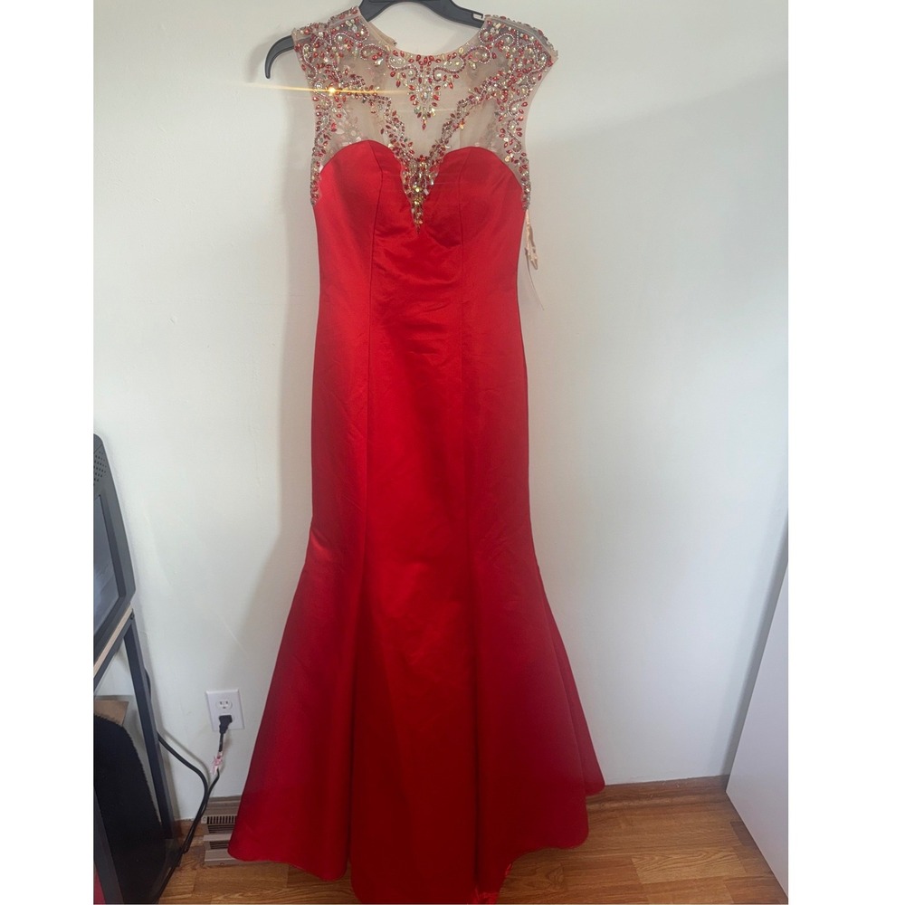 A Formal Affair Red  Mermaid Gown Illusion Crystal Beaded Prom Dress XS NWT